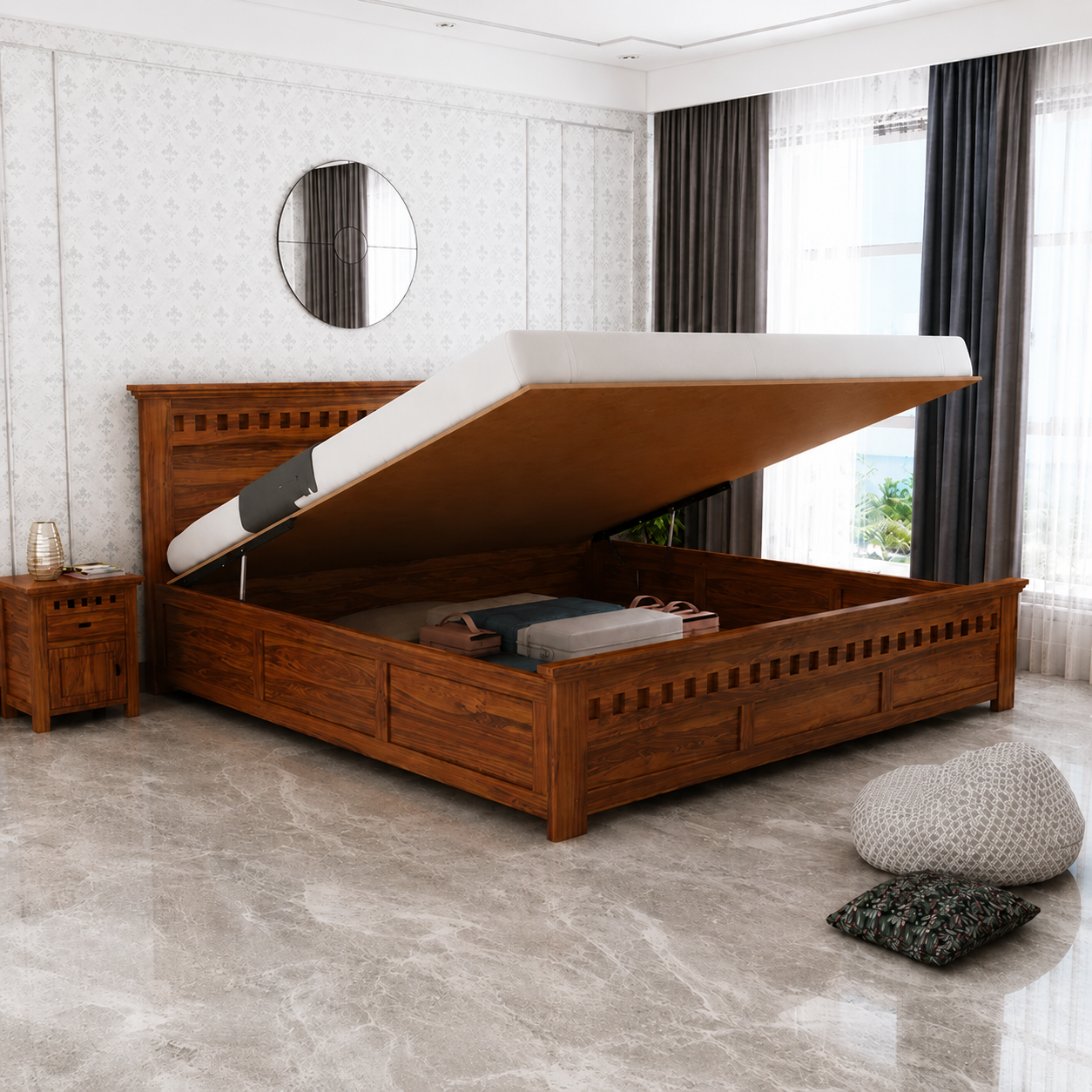 Armania Solid Sheesham Wood Hydraulic Storage Bed - 3 Years Warranty