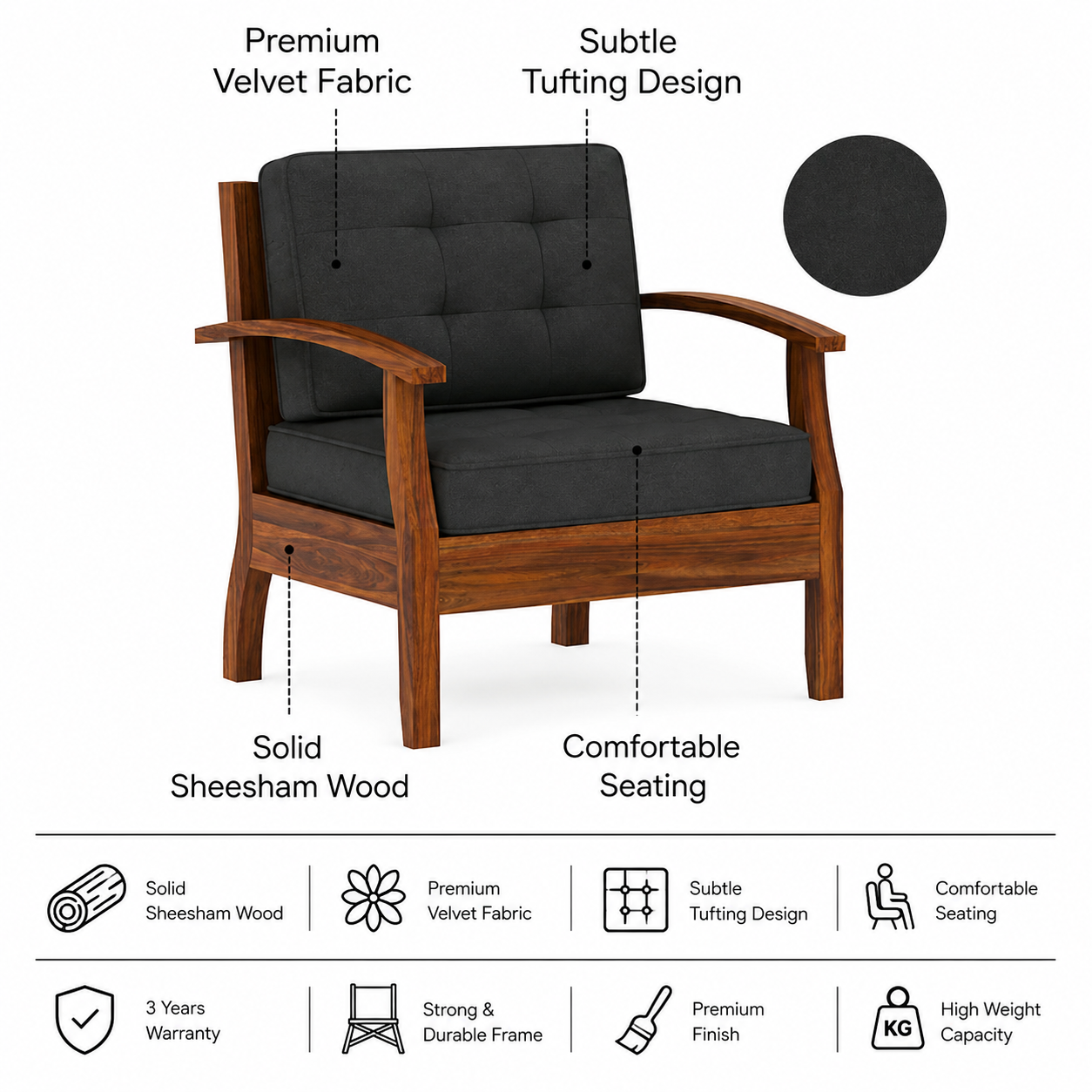 RAYON Solid Sheesham Wood Single Seater Sofa - 3 Year Warranty (LUXE EDITION) features