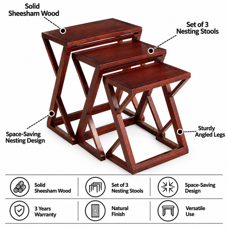 Mercy  Solid Sheesham Wood Nest of Stools - 3 Years Warranty