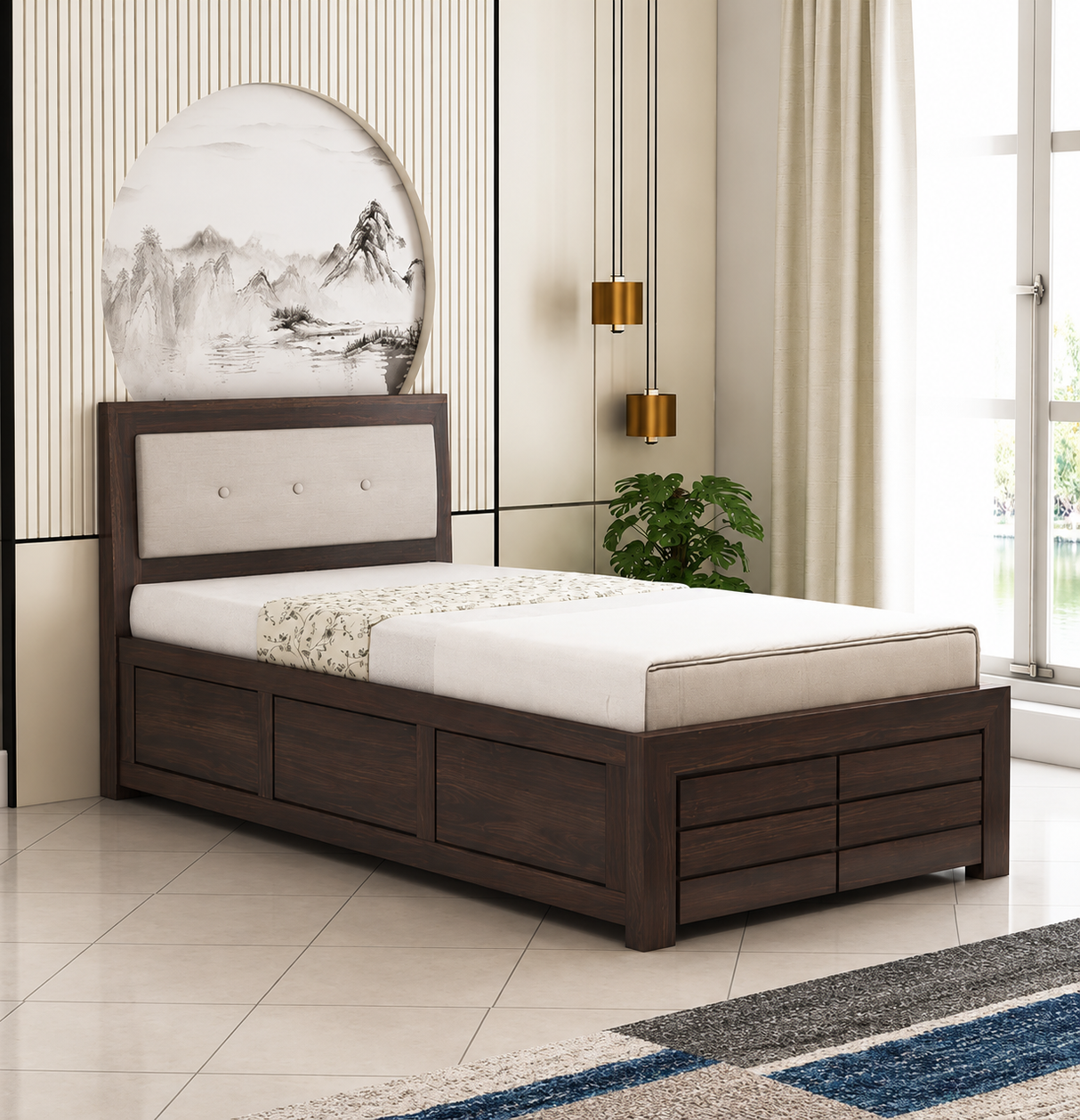 Euro Solid Sheesham Wood Single Bed With Box Storage - 3 Years Warranty
