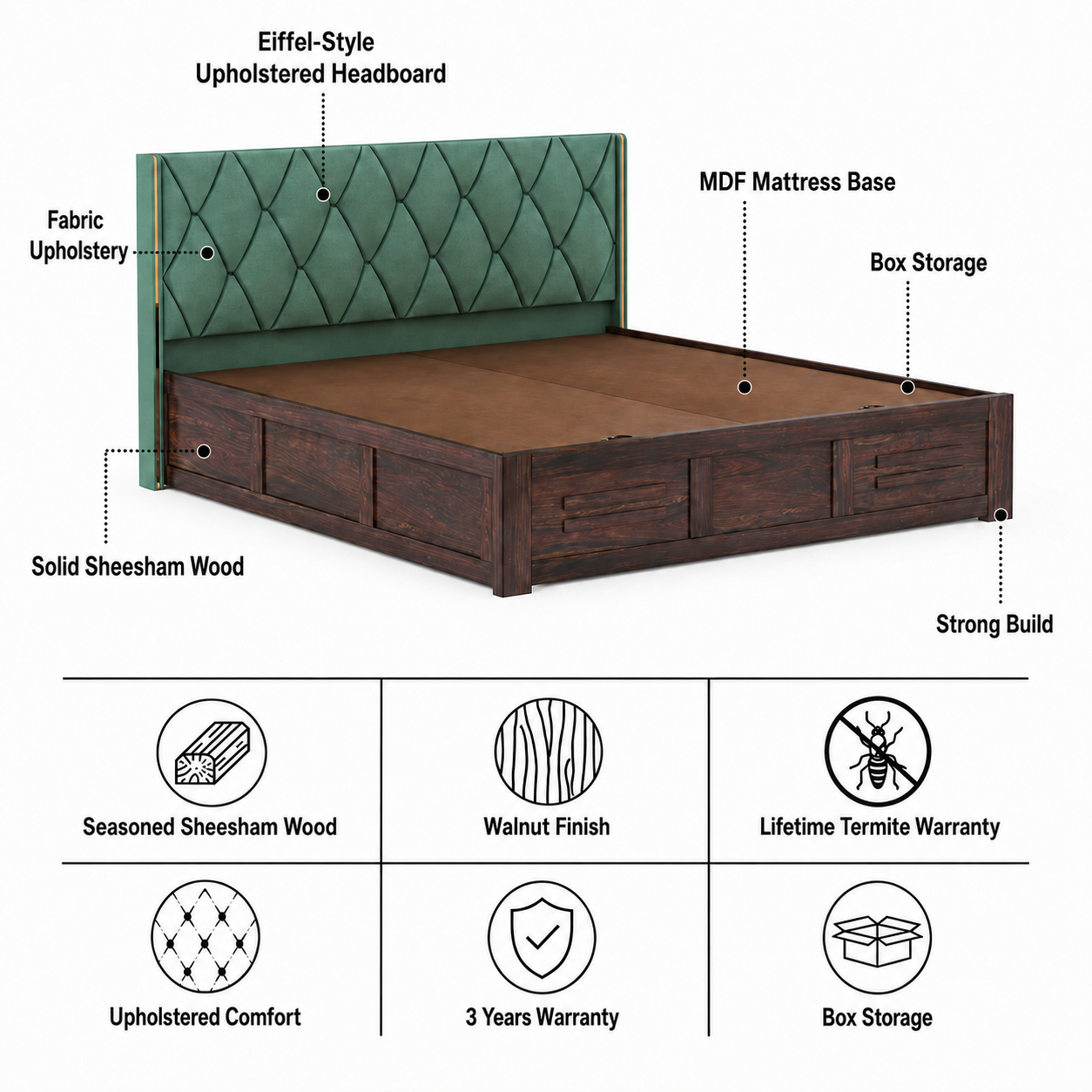 Swiss Solid Sheesham Wood Bed With Box Storage & Eifle Style Upholstered Headboard-3 years Warranty(LUXE EDITION) features
