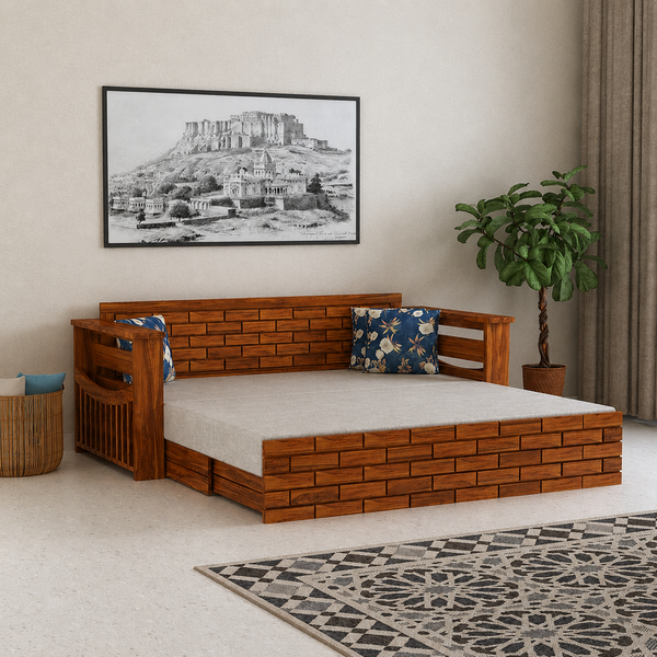 Italian Solid Sheesham Wood 3 Seater Sofa Cum Bed With Headboard and Mini Storage - 3 Year Warranty