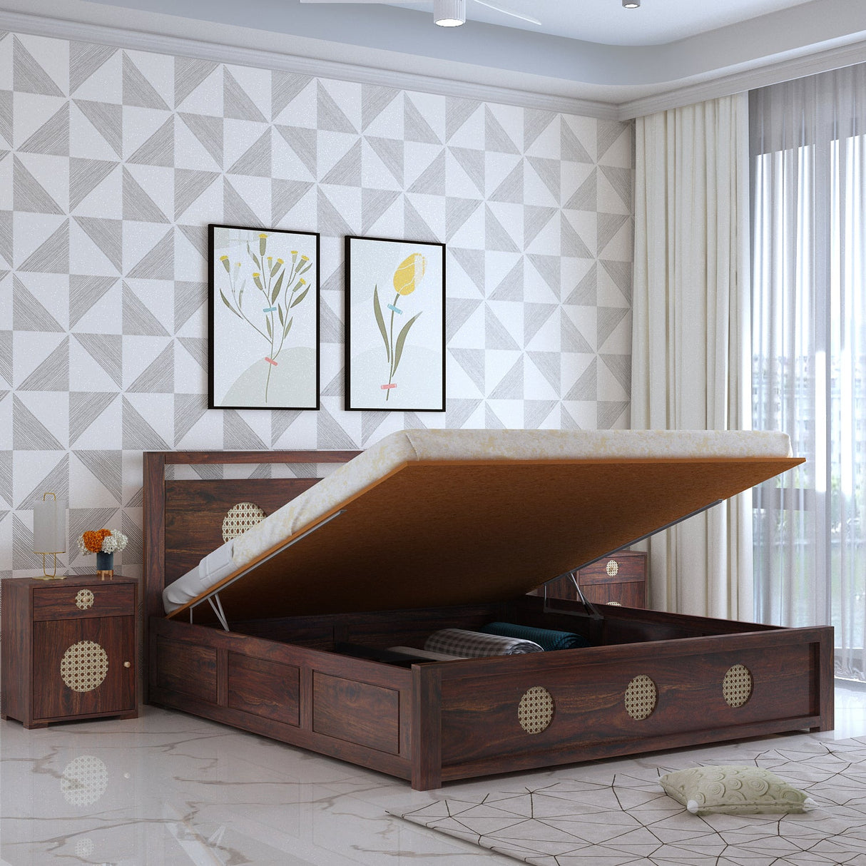 Cosmos Solid Sheesham Wood Hydraulic Storage Bed - 3 years Warranty