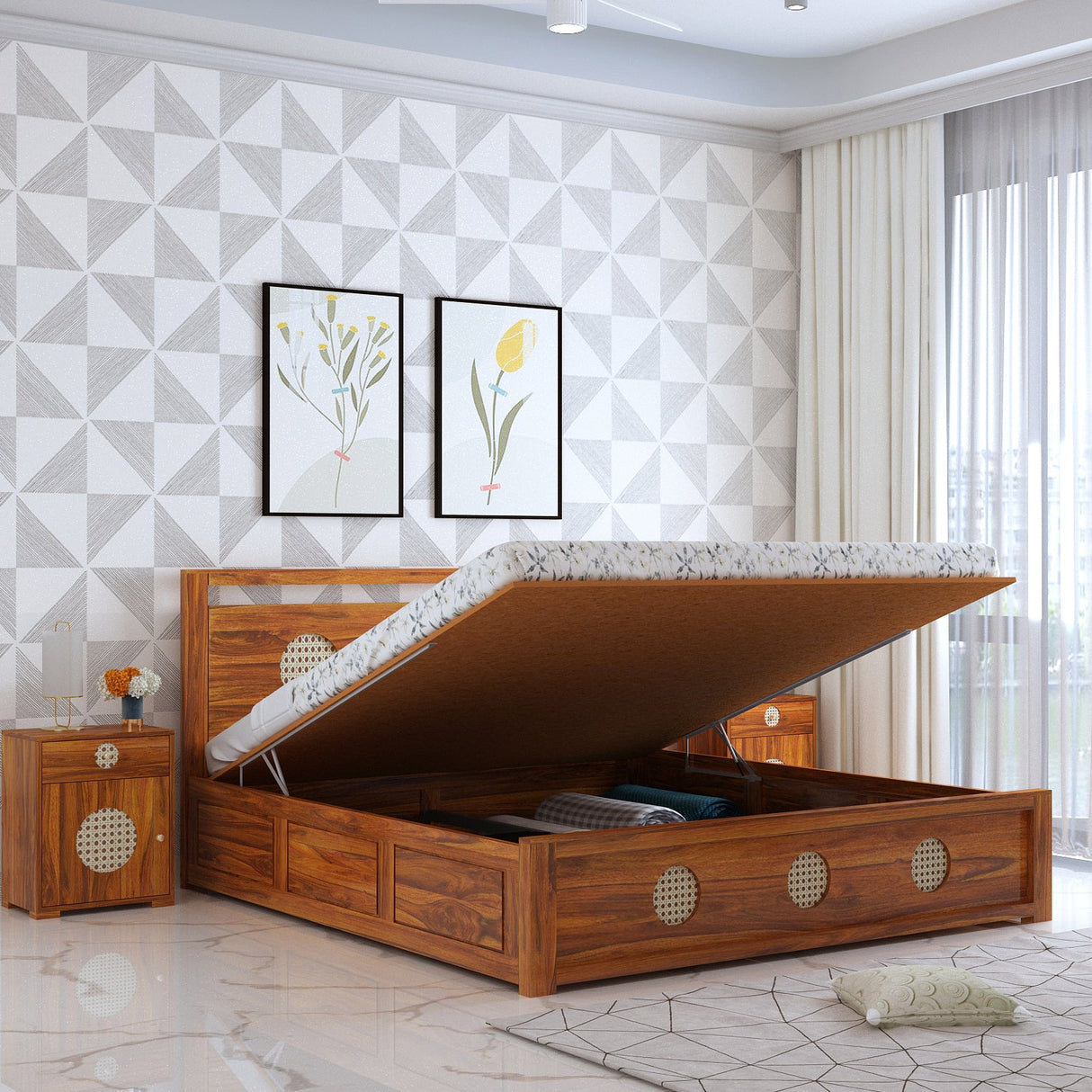 Cosmos Solid Sheesham Wood Hydraulic Storage Bed - 3 years Warranty