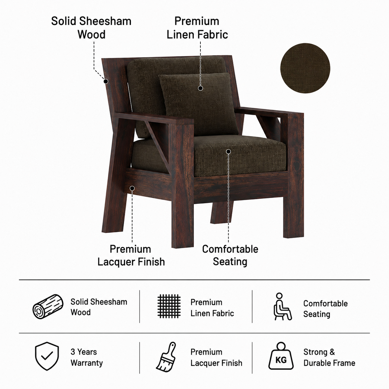CIZAR Solid Sheesham Wood Single Seater Sofa - 3 Year Warranty (LUXE EDITION) features