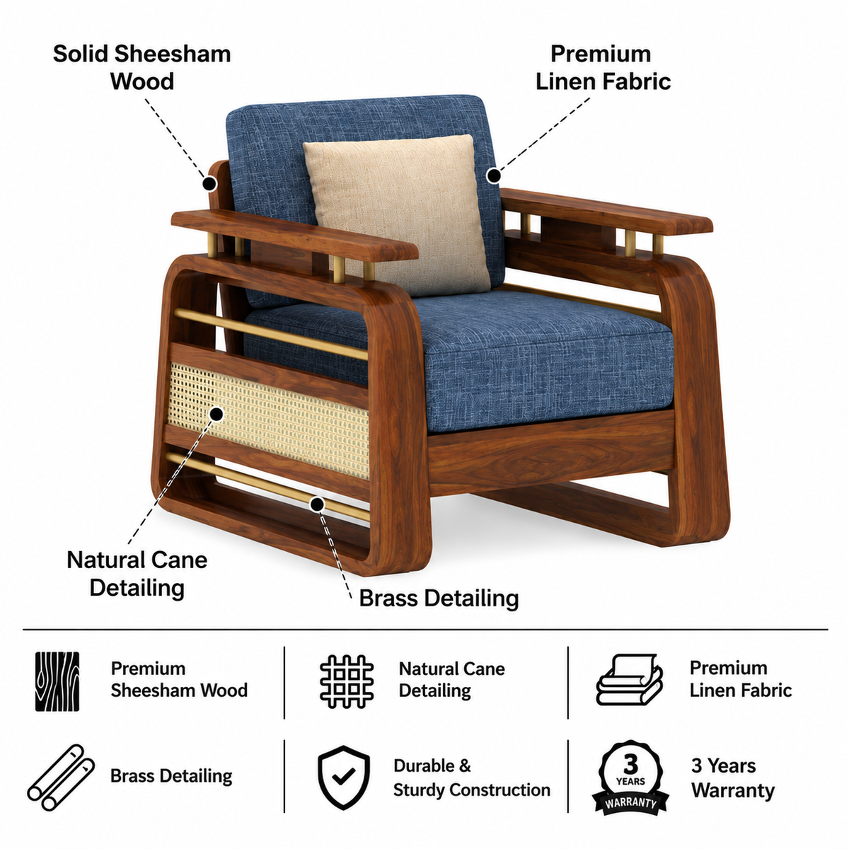 Edin Solid Sheesham Wood Single Seater Sofa With Cane & Brass Detailing - 3 Year Warranty (LUXE EDITION)