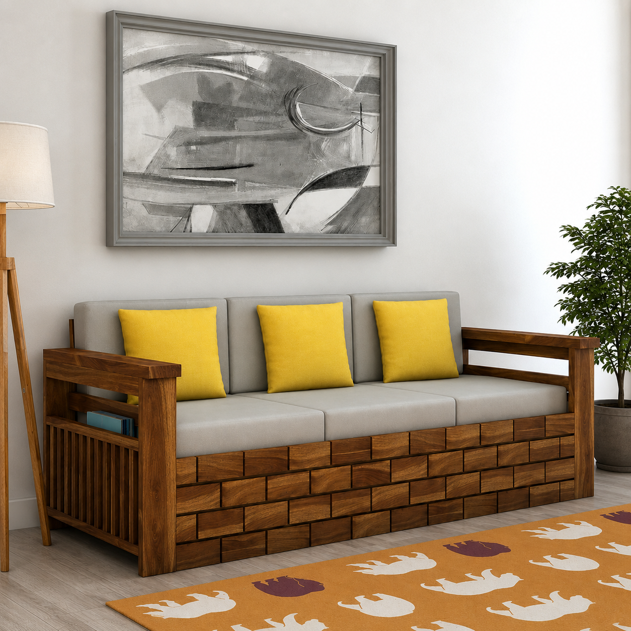 Italian Solid Sheesham Wood 3 Seater Sofa With Side Pockets - 3 Years Warranty