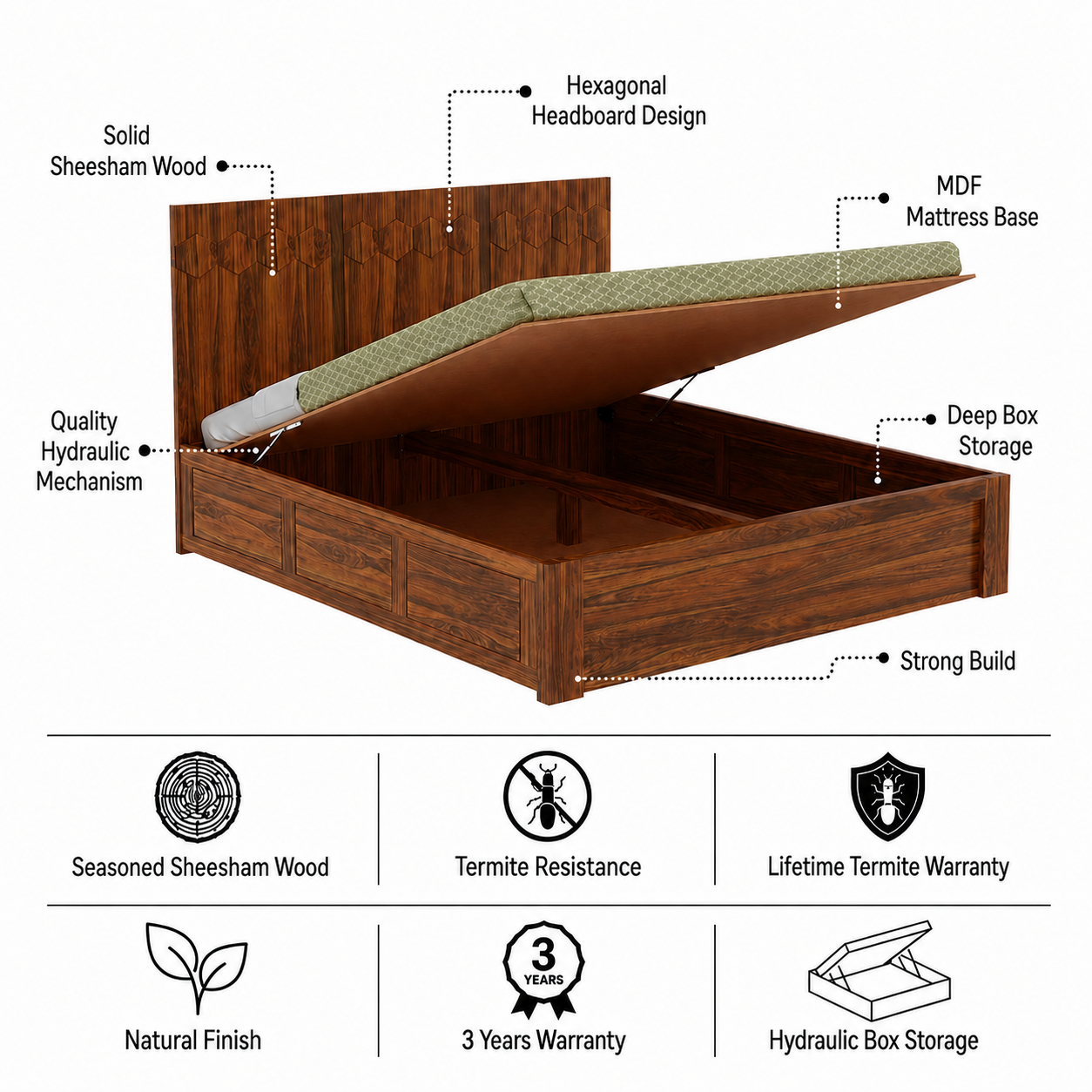 Hexa Solid Sheesham Wood Bed with Hydraulic Box Storage - 3 Years Warranty features