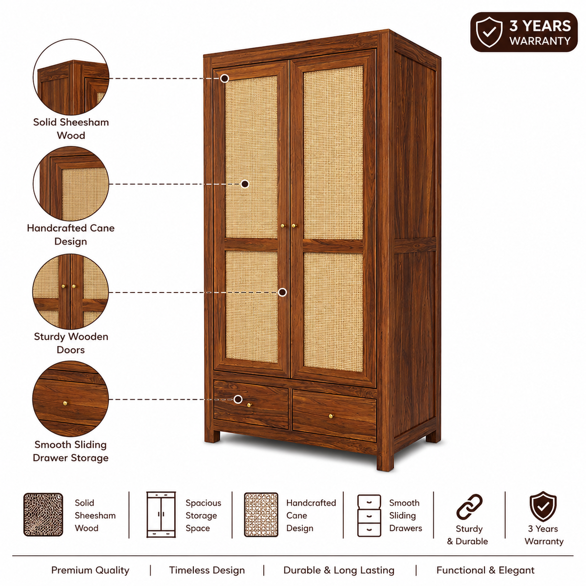 Syrus Two Door Solid Sheesham Wood Wardrobe Cane - 3 Year Warranty features