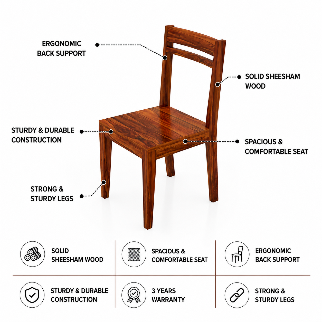 Mark Dining Chair in Solid Sheesham Wood - 3 Years Warranty features
