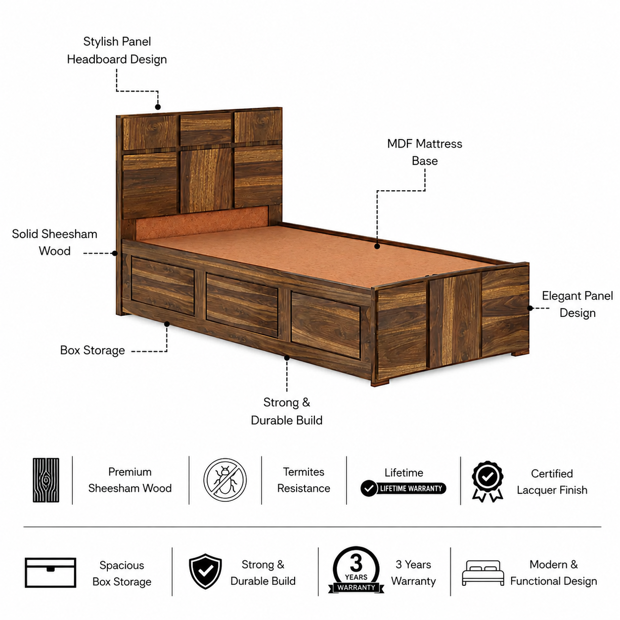Scott Solid Sheesham Wood Single Bed With Box Storage - 3 years Warranty features