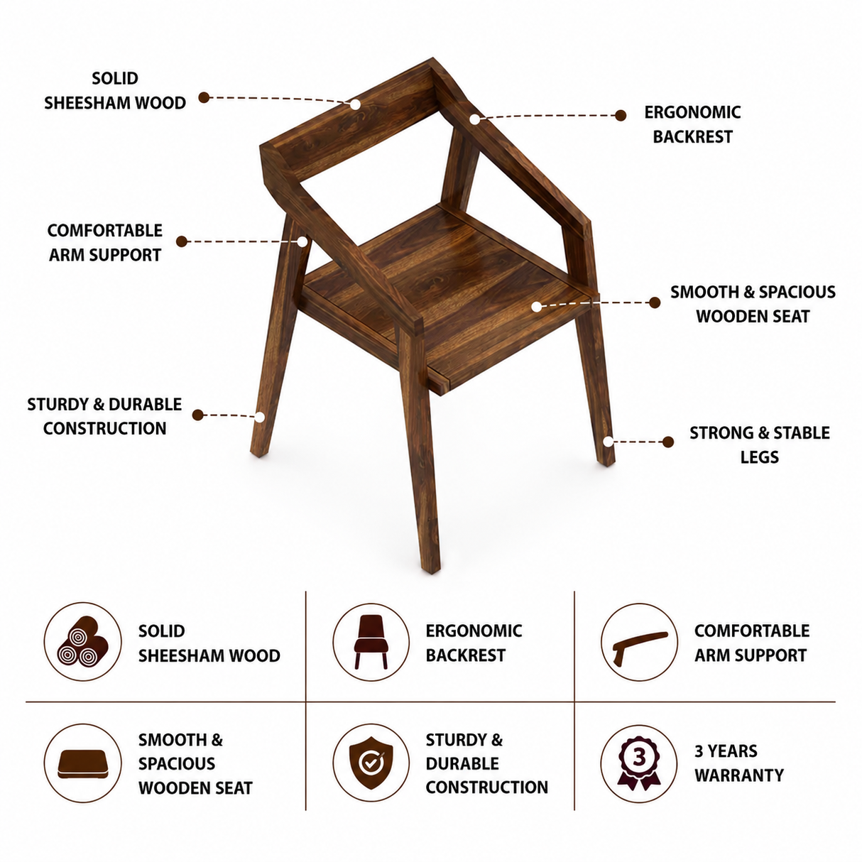 Emporio Solid Sheesham Wood Office/Study/Dining Chair - 3 Years Warranty