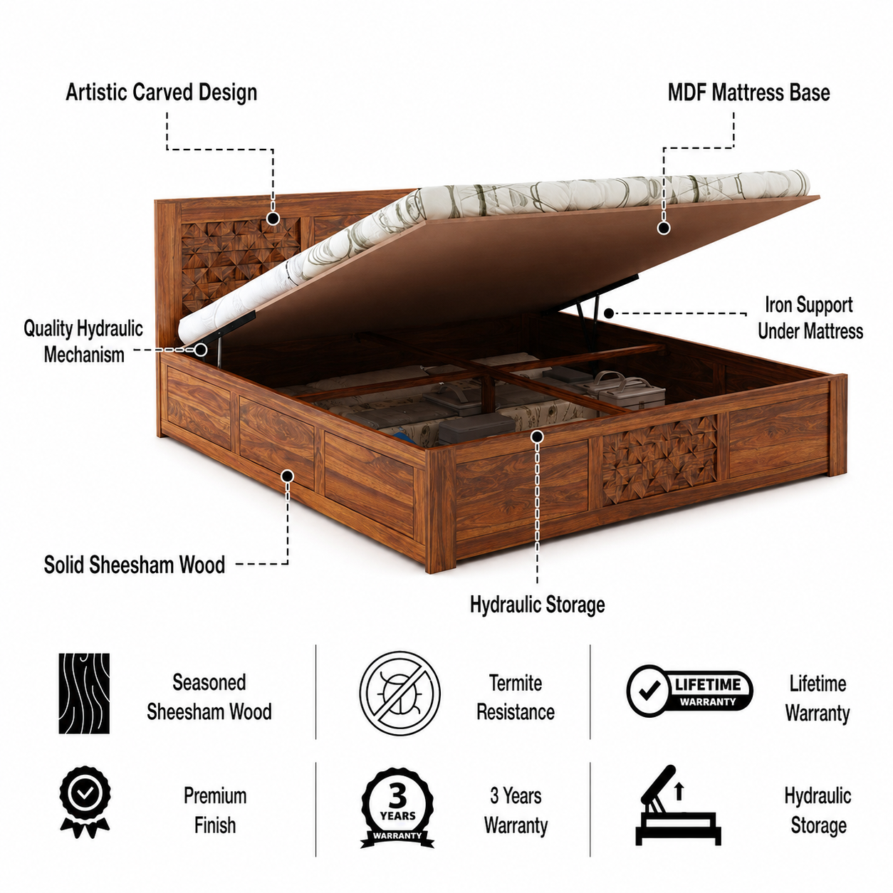 Raj Solid Sheesham Wood Bed With Hydraulic Storage - 3 Years Warranty features