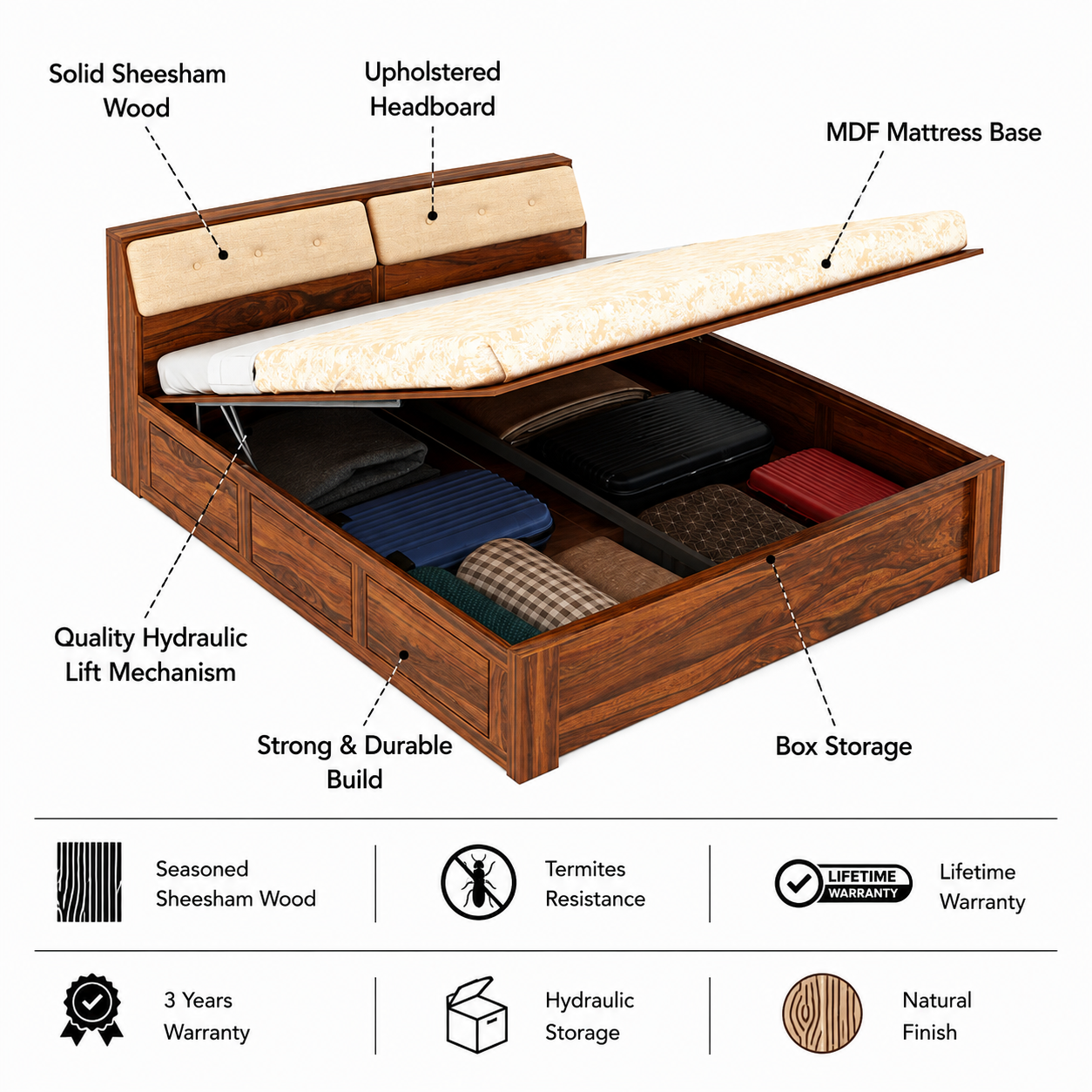 Victoria Solid Sheesham Wood Hydraulic Storage Bed - 3 years Warranty features