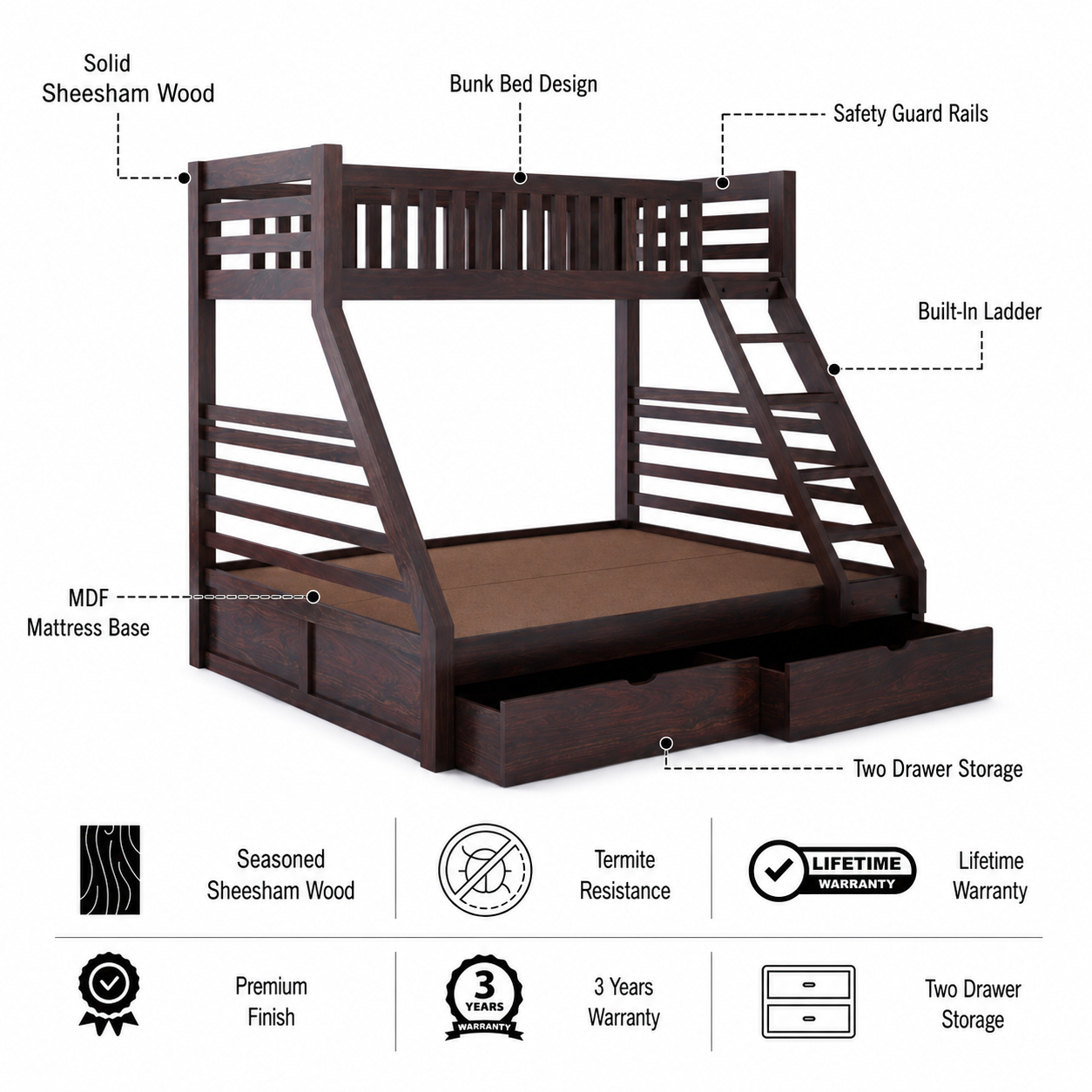 Intalian Solid Sheesham Bunk Bed With Drawer Storage - 3 Years Warranty features