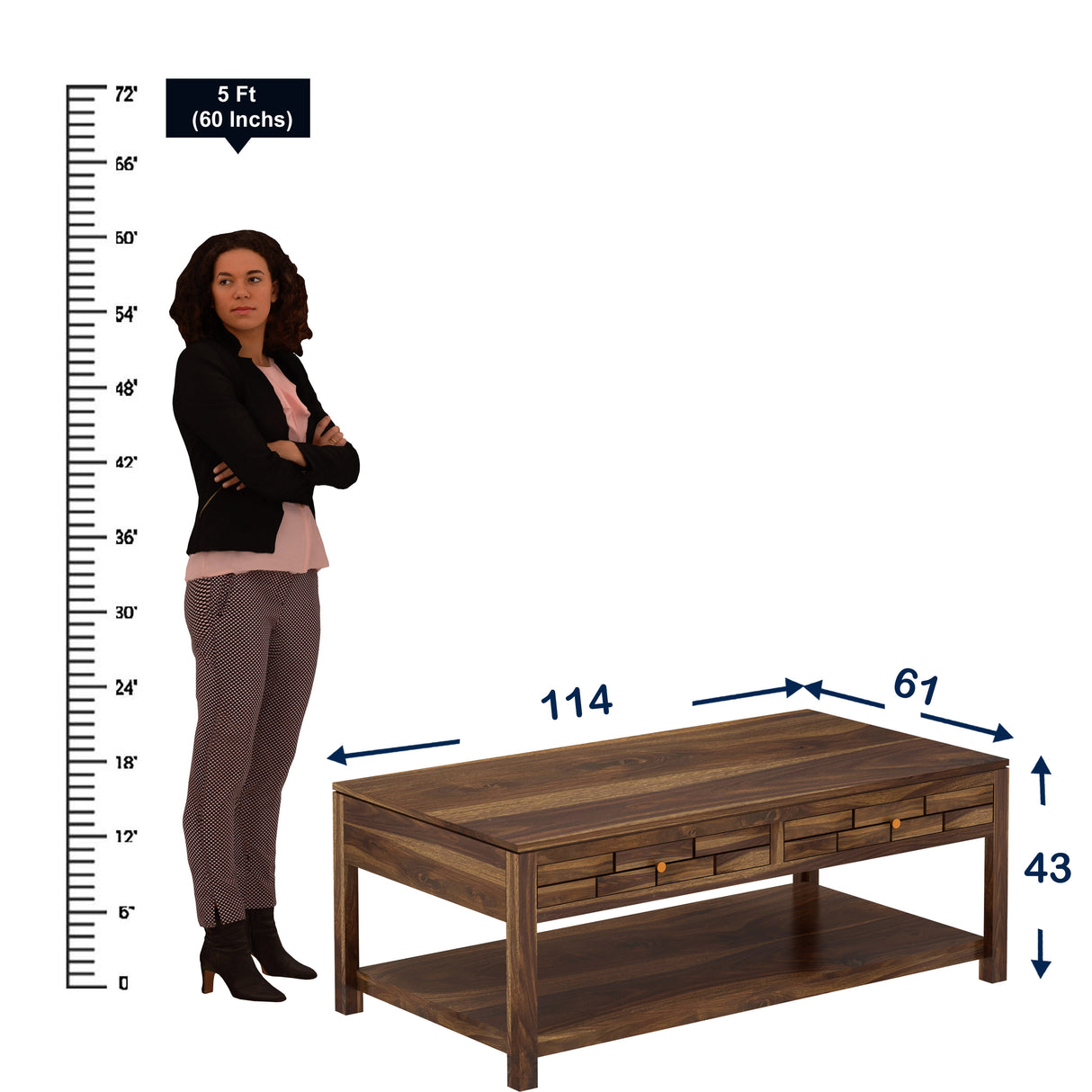 Italian Solid Sheesham Wood Coffee Table With Two Drawer - 3 Years Warranty