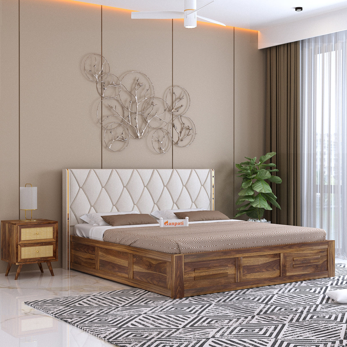 Swiss Solid Sheesham Wood Bed With Box Storage & Eifle Style Upholstered Headboard-3 years Warranty(LUXE EDITION)