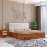 Swiss Solid Sheesham Wood Bed With Box Storage & Eifle Style Upholstered Headboard-3 years Warranty(LUXE EDITION)