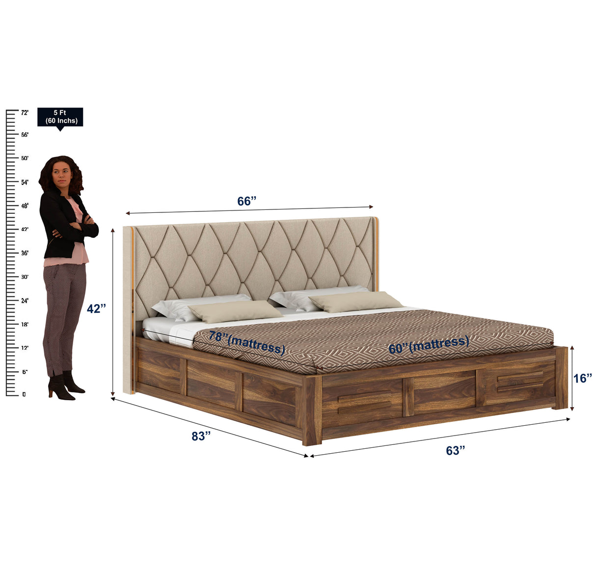 Swiss Solid Sheesham Wood Bed With Box Storage & Eifle Style Upholstered Headboard-3 years Warranty(LUXE EDITION)