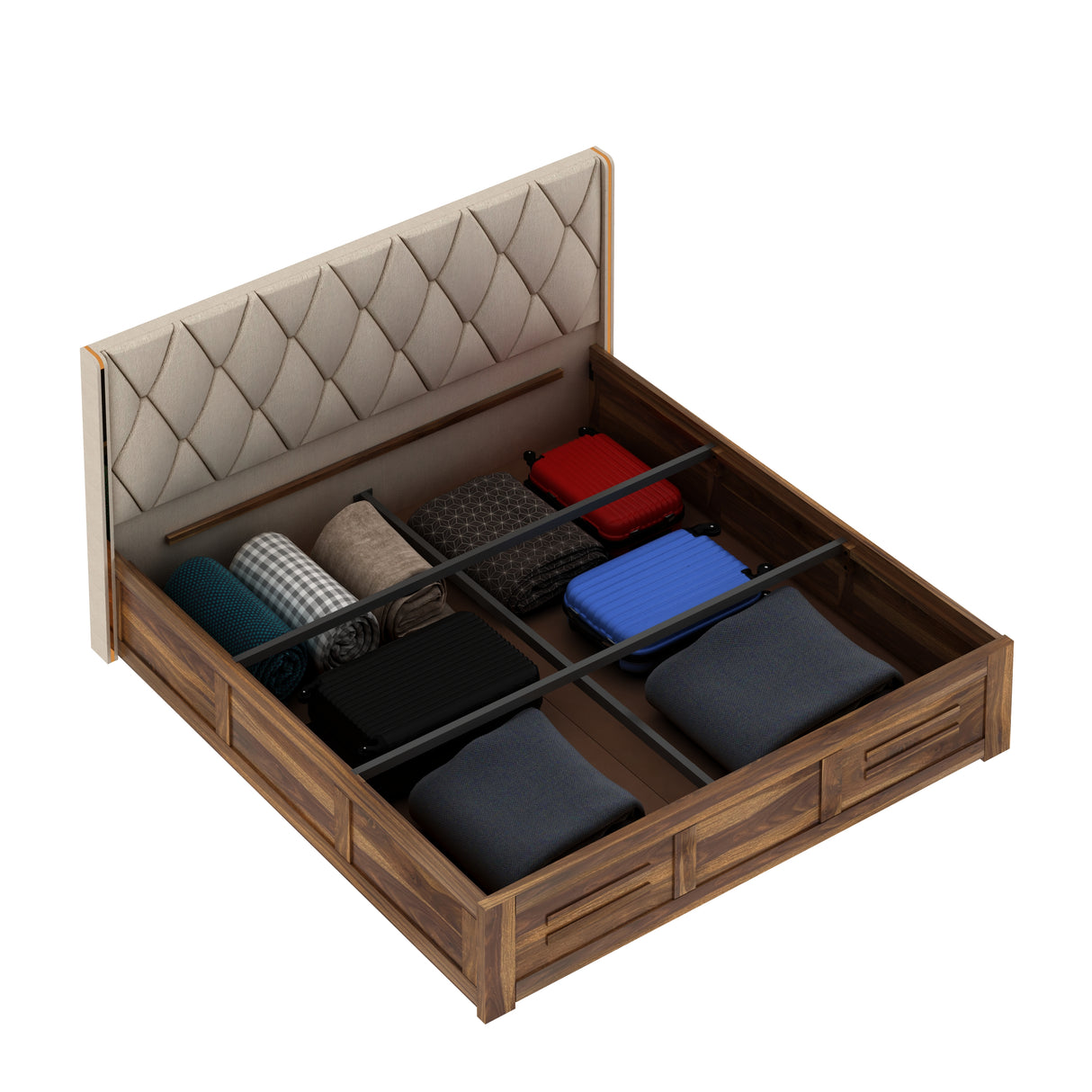 Swiss Solid Sheesham Wood Bed With Box Storage & Eifle Style Upholstered Headboard-3 years Warranty(LUXE EDITION)