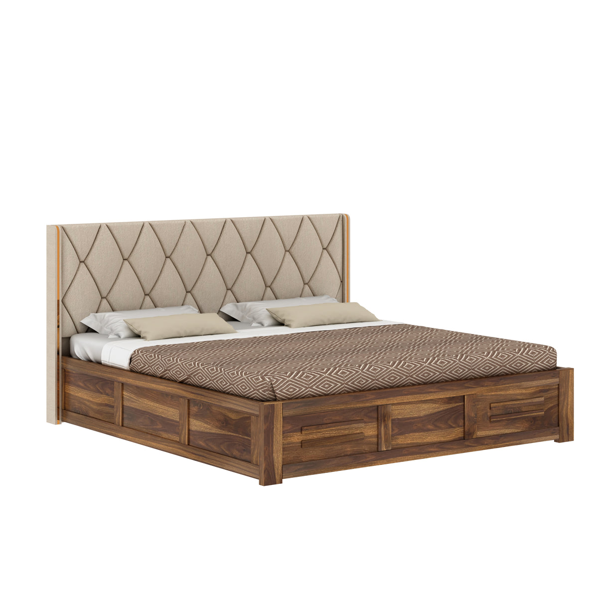 Swiss Solid Sheesham Wood Bed With Box Storage & Eifle Style Upholstered Headboard-3 years Warranty(LUXE EDITION)
