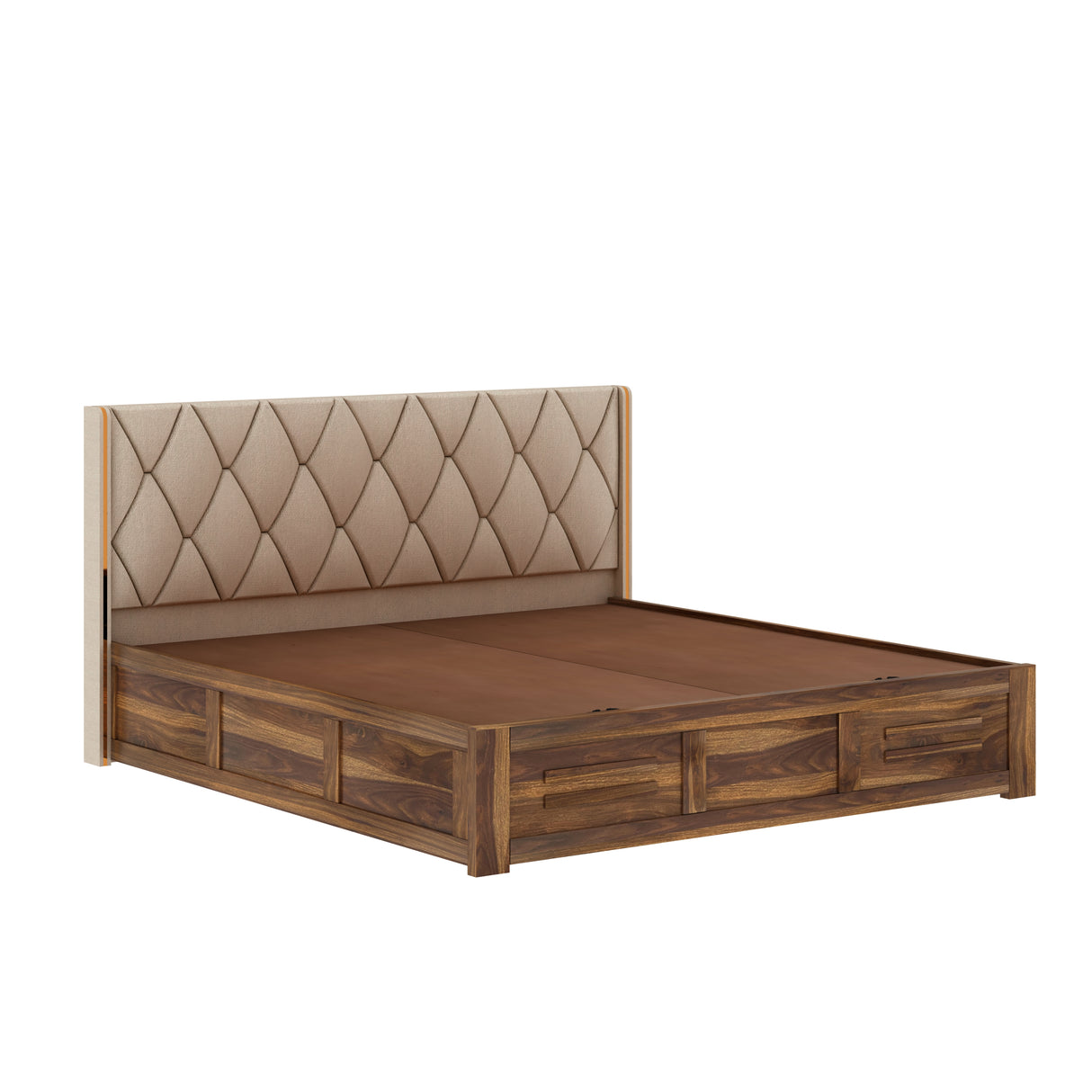 Swiss Solid Sheesham Wood Bed With Box Storage & Eifle Style Upholstered Headboard-3 years Warranty(LUXE EDITION)