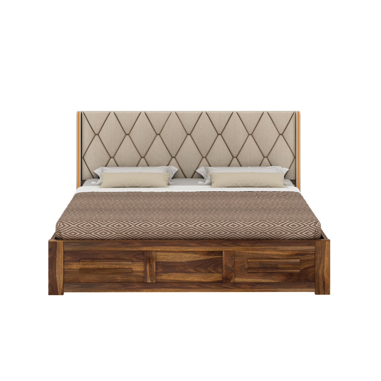Swiss Solid Sheesham Wood Bed With Box Storage & Eifle Style Upholstered Headboard-3 years Warranty(LUXE EDITION)