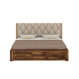 Swiss Solid Sheesham Wood Bed With Box Storage & Eifle Style Upholstered Headboard-3 years Warranty(LUXE EDITION)