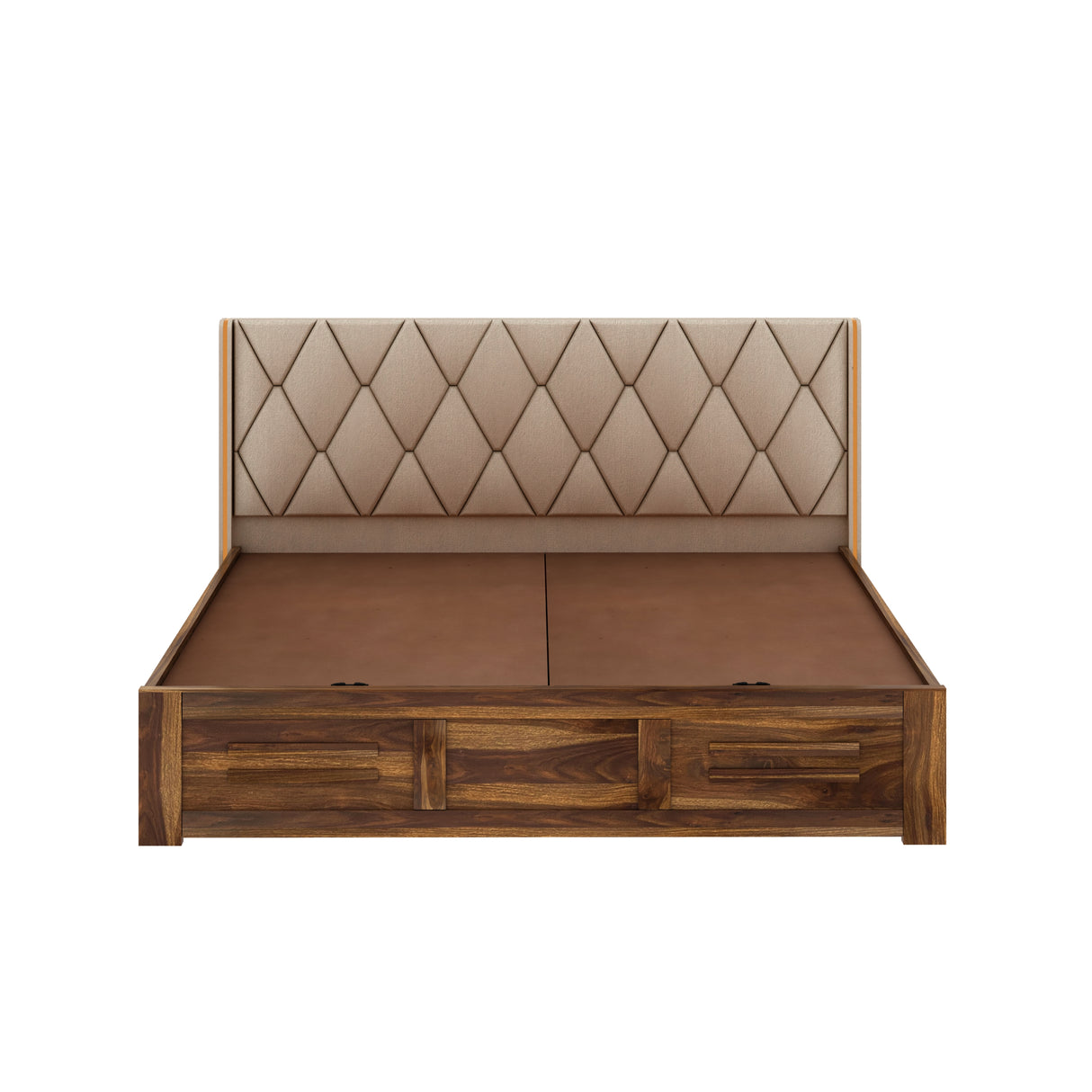 Swiss Solid Sheesham Wood Bed With Box Storage & Eifle Style Upholstered Headboard-3 years Warranty(LUXE EDITION)