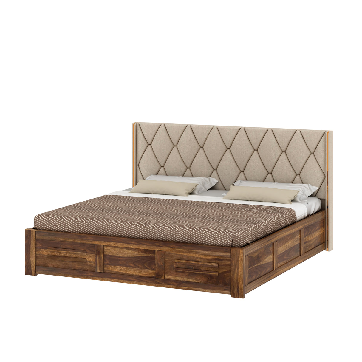 Swiss Solid Sheesham Wood Bed With Box Storage & Eifle Style Upholstered Headboard-3 years Warranty(LUXE EDITION)
