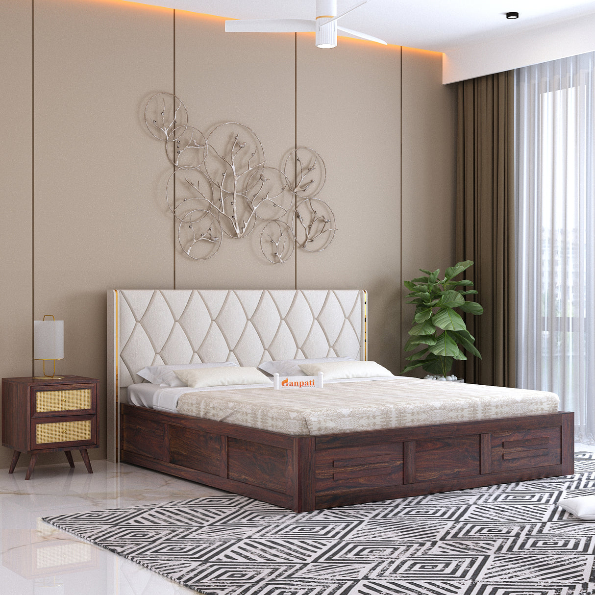 Swiss Solid Sheesham Wood Bed With Box Storage & Eifle Style Upholstered Headboard-3 years Warranty(LUXE EDITION)