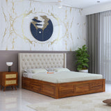 Swiss Solid Sheesham Wood Bed With Box Storage & Fabrio Style Upholstered Headboard-3 years Warranty(LUXE EDITION)
