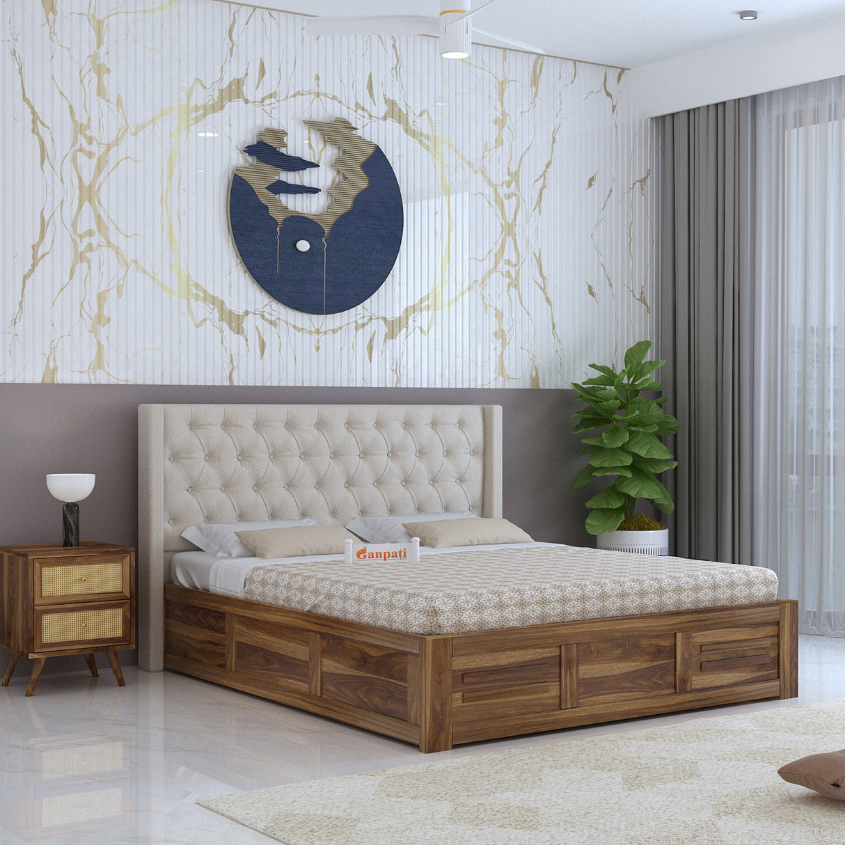 Swiss Solid Sheesham Wood Bed With Box Storage & Fabrio Style Upholstered Headboard-3 years Warranty(LUXE EDITION)