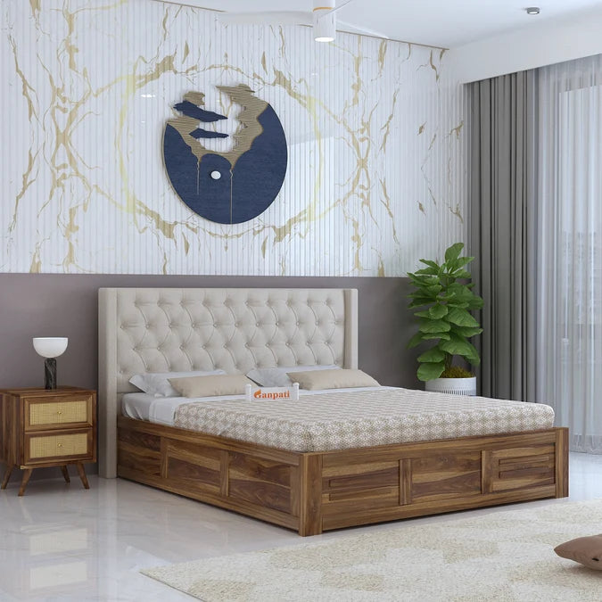 Swiss Solid Sheesham Wood Bed With Box Storage & Fabrio Style Upholstered Headboard-3 years Warranty(LUXE EDITION) features
