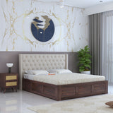 Swiss Solid Sheesham Wood Bed With Box Storage & Fabrio Style Upholstered Headboard-3 years Warranty(LUXE EDITION)