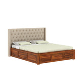 Swiss Solid Sheesham Wood Bed With Box Storage & Fabrio Style Upholstered Headboard-3 years Warranty(LUXE EDITION)