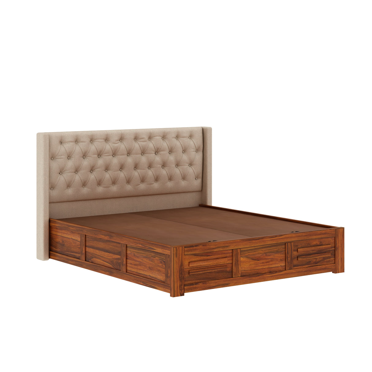 Swiss Solid Sheesham Wood Bed With Box Storage & Fabrio Style Upholstered Headboard-3 years Warranty(LUXE EDITION)