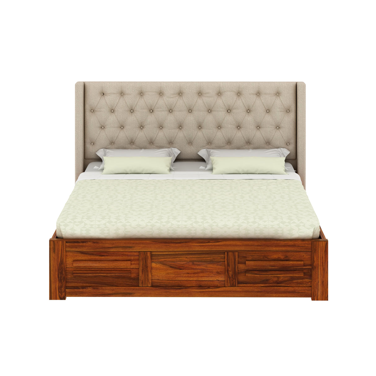 Swiss Solid Sheesham Wood Bed With Box Storage & Fabrio Style Upholstered Headboard-3 years Warranty(LUXE EDITION)