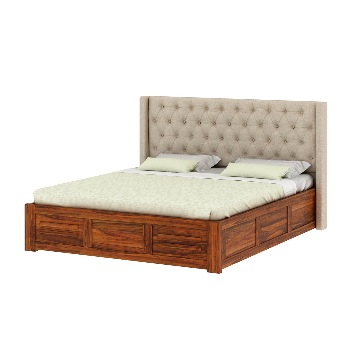 Swiss Solid Sheesham Wood Bed With Box Storage & Fabrio Style Upholstered Headboard-3 years Warranty(LUXE EDITION)