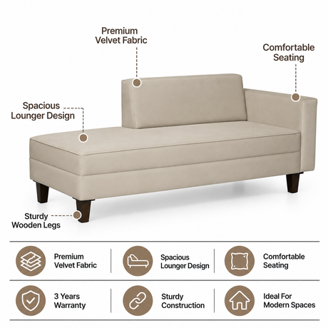 Venus Velvet Fabric LHS Lounger In Cream Color