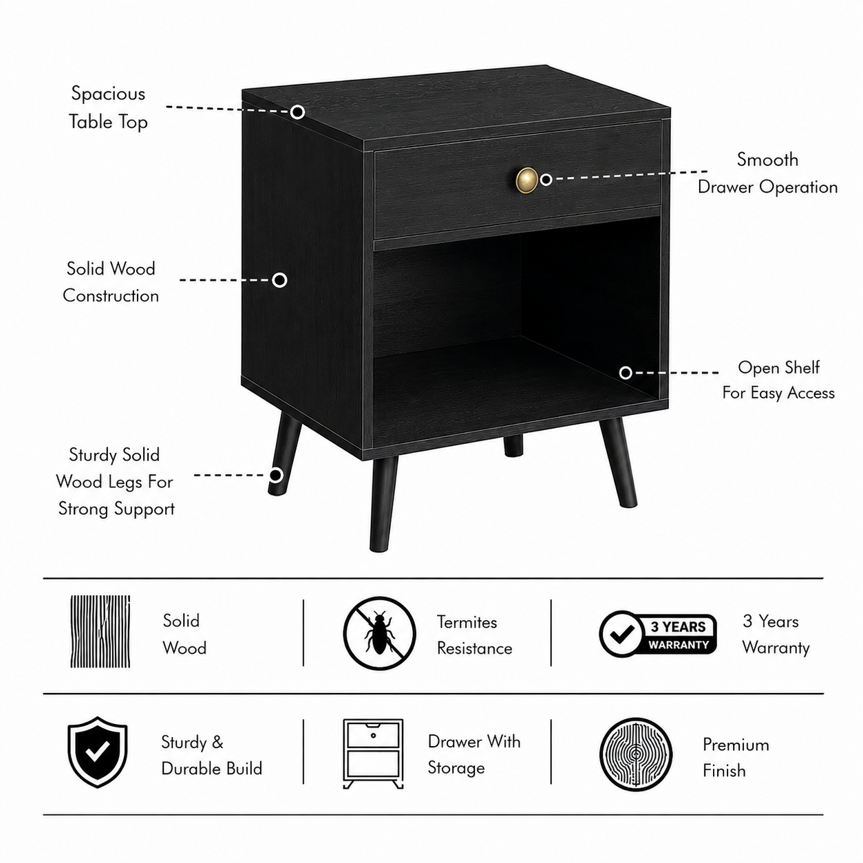 MONO Solid Wood Bedside Table - 3 Years Warranty (LUXE EDITION) features