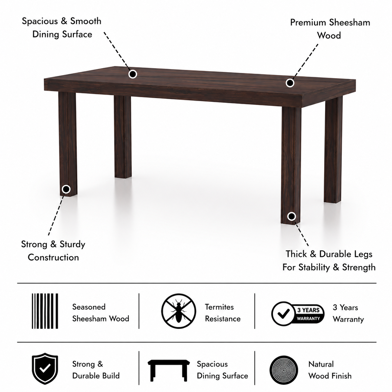 Jaipur Solid Sheesham Wood 6 Seater Dining Table Set - 3 Years Warranty features