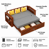 Raj Solid Sheesham Wood 3 Seater Sofa Cum Bed with Mini Storage and Side Pockets - 3 Years Warranty