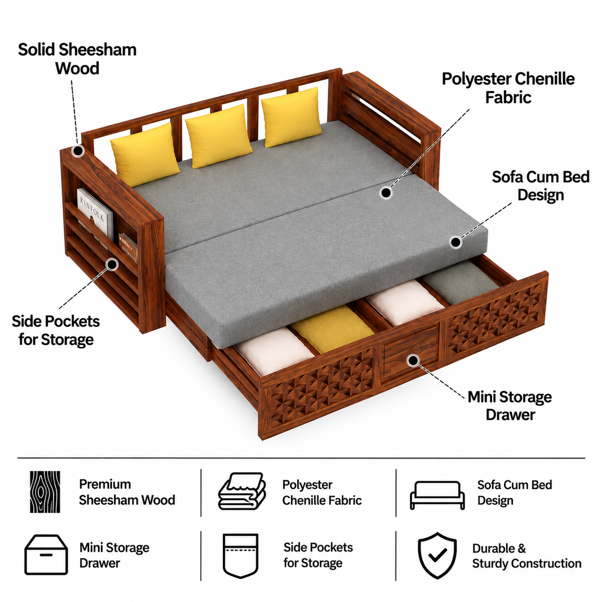 Raj Solid Sheesham Wood 3 Seater Sofa Cum Bed with Mini Storage and Side Pockets - 3 Years Warranty features