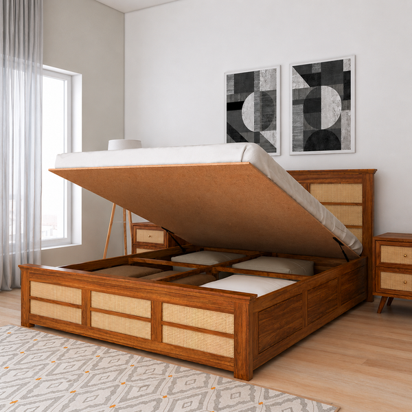 Syrus Solid Sheesham Wood Cane Bed With Hydraulic Storage Bed - 3 Years Warranty