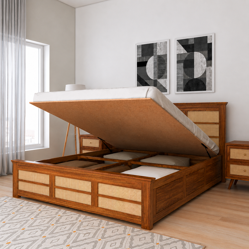 Syrus Solid Sheesham Wood Cane Bed With Hydraulic Storage Bed - 3 Years Warranty