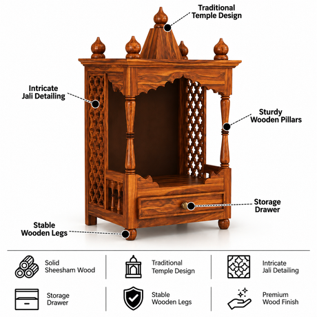 Vinayaka Solid Sheesham Wood Temple/Mandir With One Drawer Storage - 3 Years Warranty