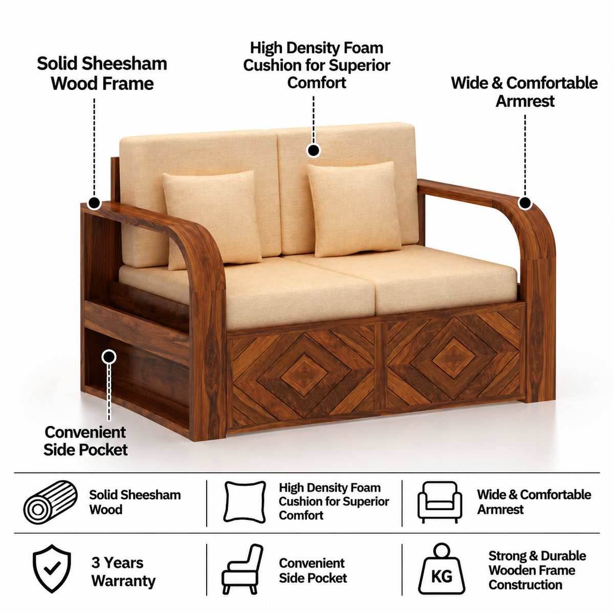 Wave Solid Sheesham Wood 2 Seater Sofa With Side Pockets - 3 Years Warranty features