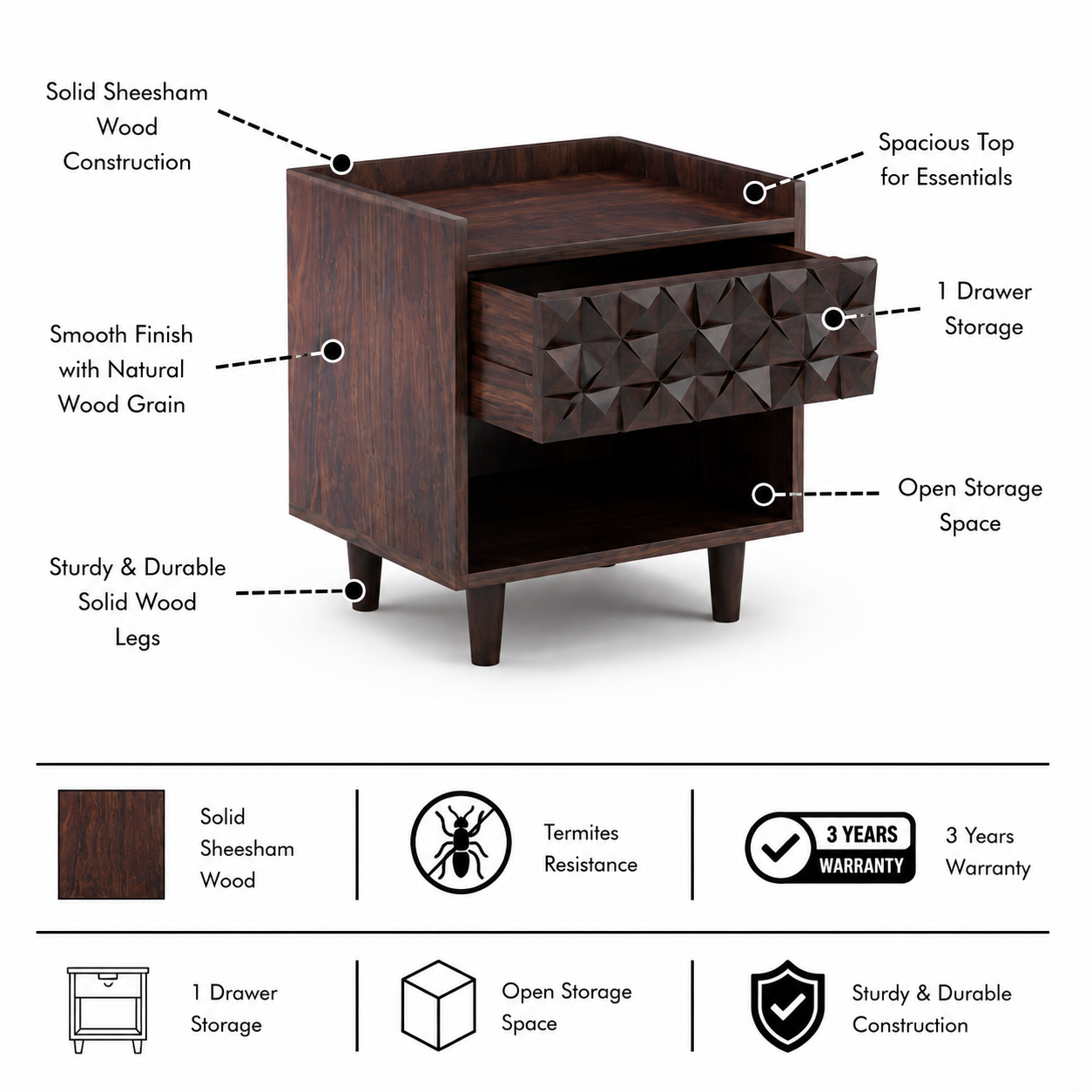 Raj Solid Sheesham Wood Bedside One Drawer Storage - 3 Years Warranty features