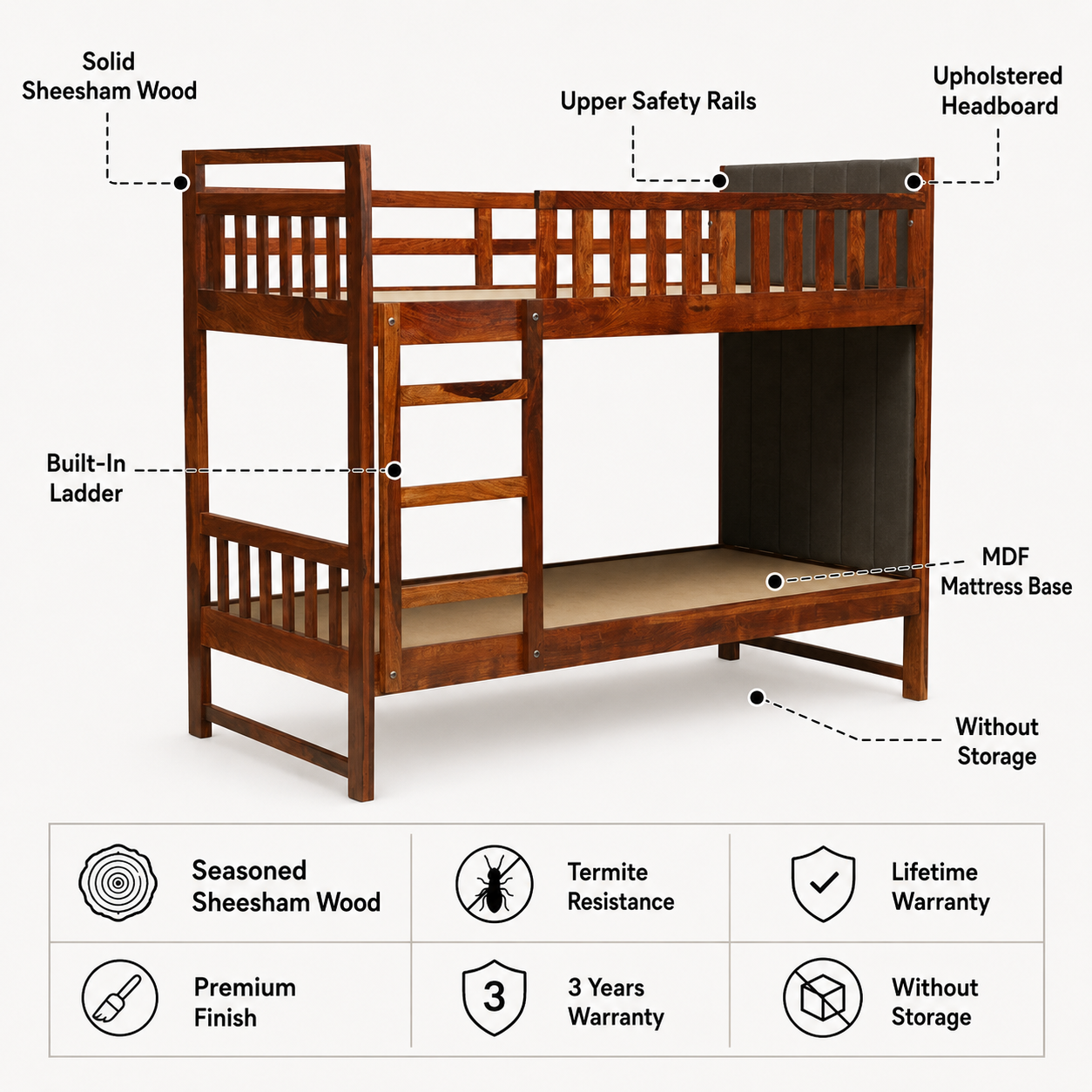 Swift Solid Sheesham Wood Bunk Bed Without Storage and Upholstered Headboard - 3 years Warranty features